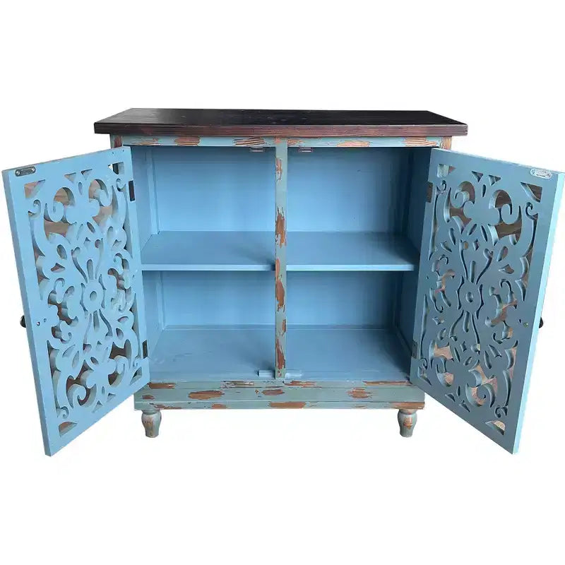 eHemco Meuble d'appoint rustique vieilli à 2 portes avec double étagère de rangement pour salon et entrée, sarcelle