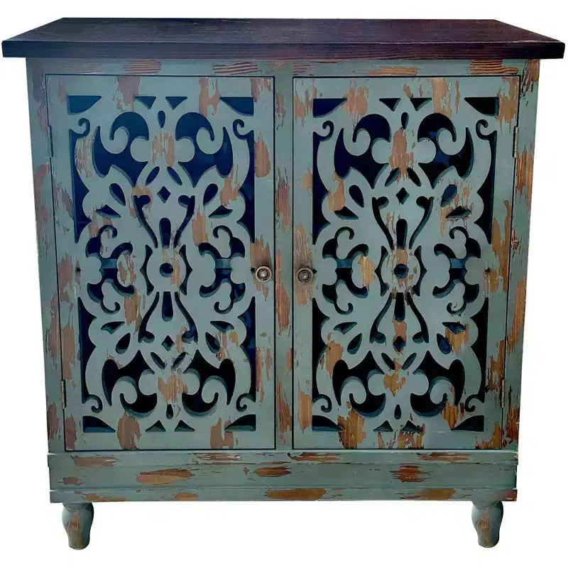 eHemco Meuble d'appoint rustique vieilli à 2 portes avec double étagère de rangement pour salon et entrée, sarcelle