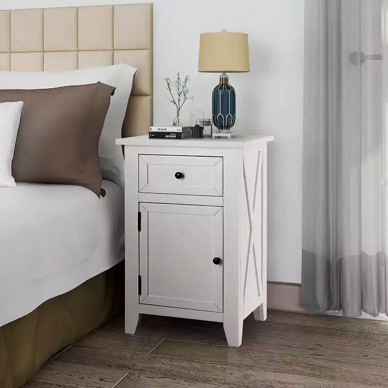 eHemco X-Side Table de chevet/d'appoint en bois avec 1 tiroir et 1 meuble de rangement à 1 porte