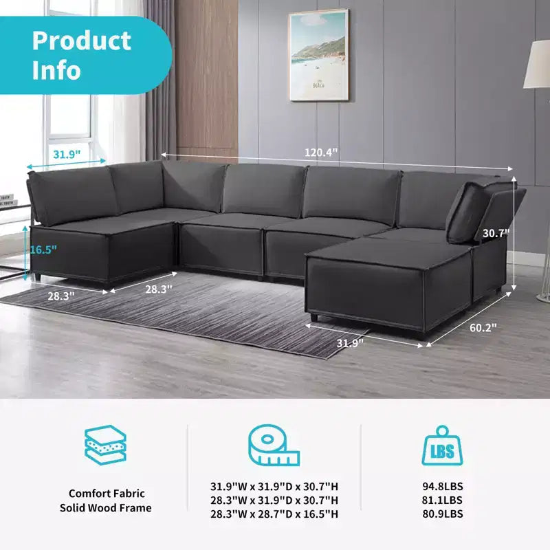 Canapé d'angle modulable en U/L Mjkone avec pouf, canapé-lit réversible moderne et surdimensionné convertible