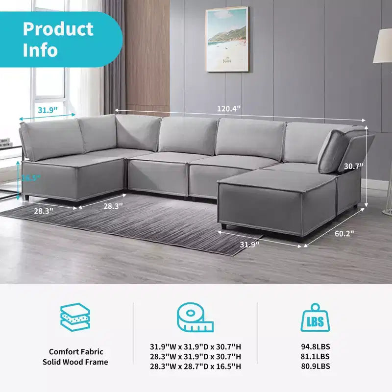 Canapé d'angle modulable en U/L Mjkone avec pouf, canapé-lit réversible moderne et surdimensionné convertible