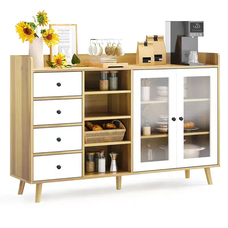 55 Buffet moderne, meuble de bar à café, étagères réglables et portes vitrées pour cuisine/salle à manger