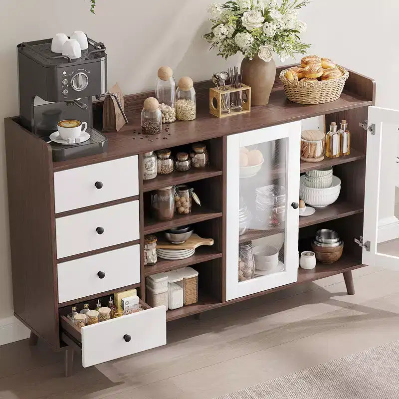55 Buffet moderne, meuble de bar à café, étagères réglables et portes vitrées pour cuisine/salle à manger