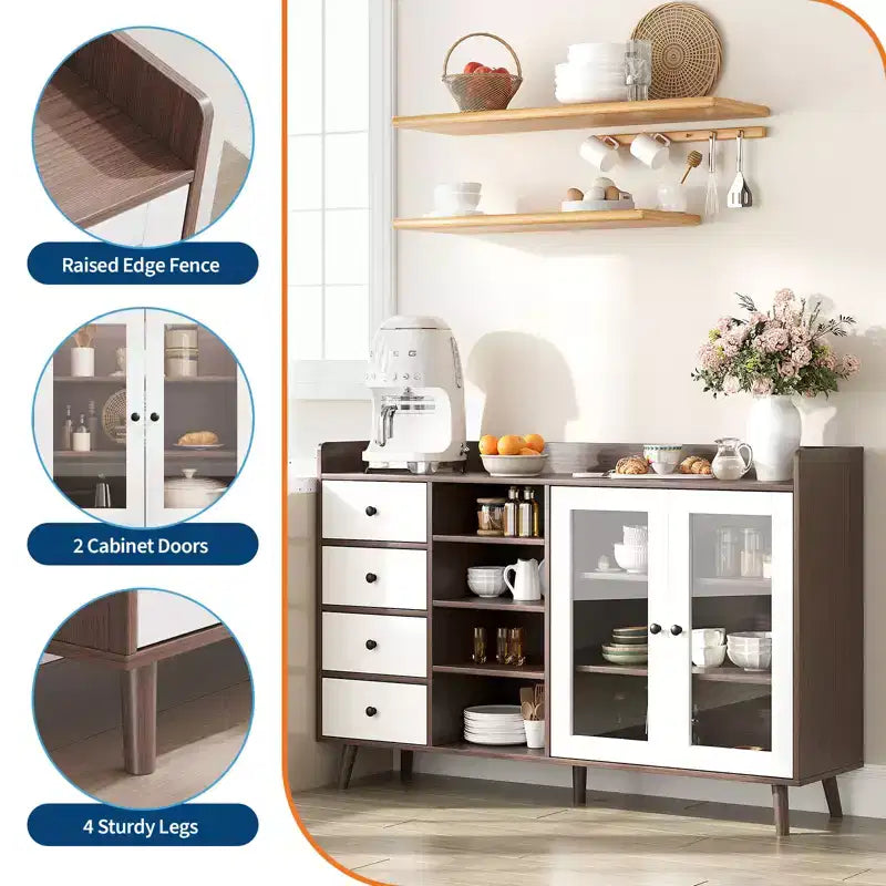 55 Buffet moderne, meuble de bar à café, étagères réglables et portes vitrées pour cuisine/salle à manger