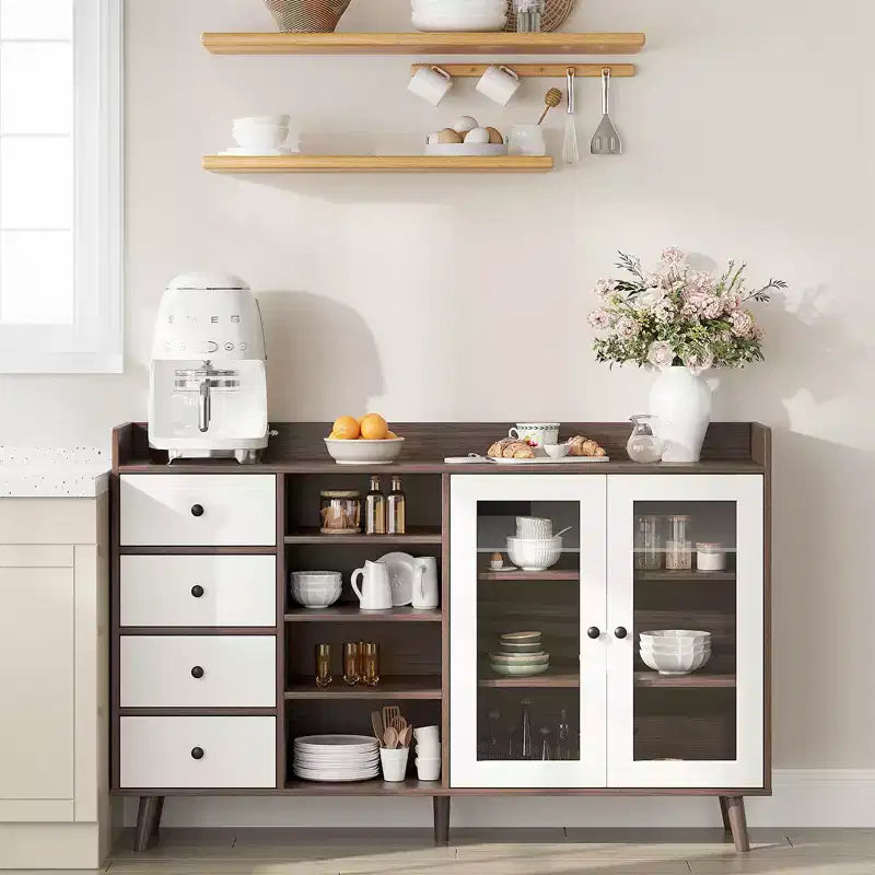 55 Buffet moderne, meuble de bar à café, étagères réglables et portes vitrées pour cuisine/salle à manger