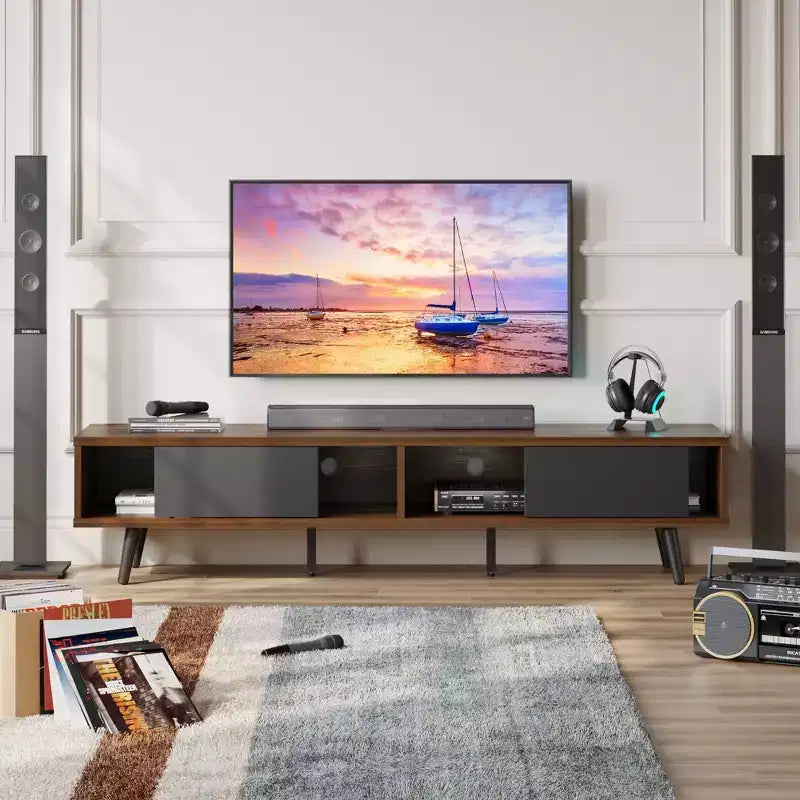 Bestier Mid-Century Modern TV Stand for 80 Inch TV,, 70 Entertainment Center with Sliding Doors for Living Room, Walnut