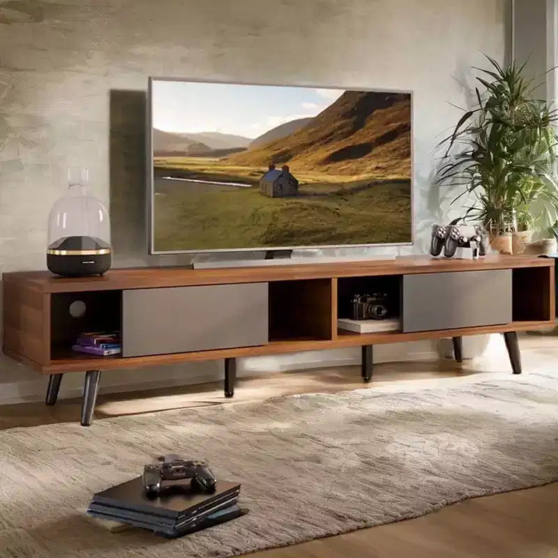 Meuble TV moderne Bestier du milieu du siècle pour téléviseur de 80 pouces, meuble de divertissement de 70 pouces avec portes coulissantes pour salon, Noyer
