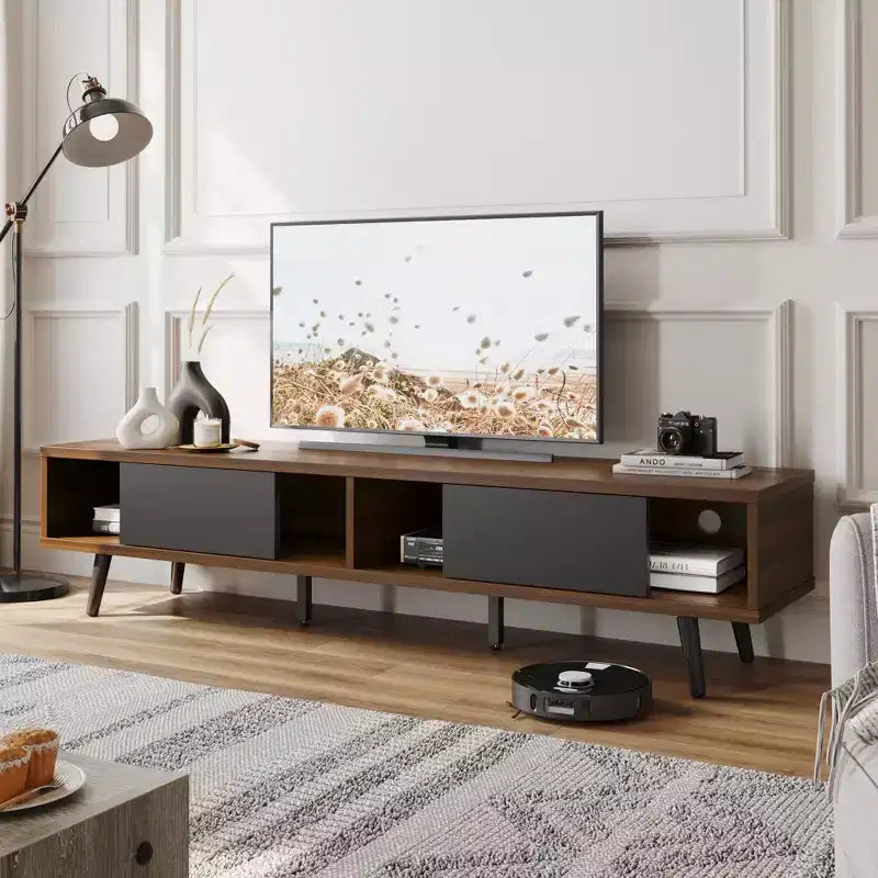 Meuble TV moderne Bestier du milieu du siècle pour téléviseur de 80 pouces, meuble de divertissement de 70 pouces avec portes coulissantes pour salon, Noyer