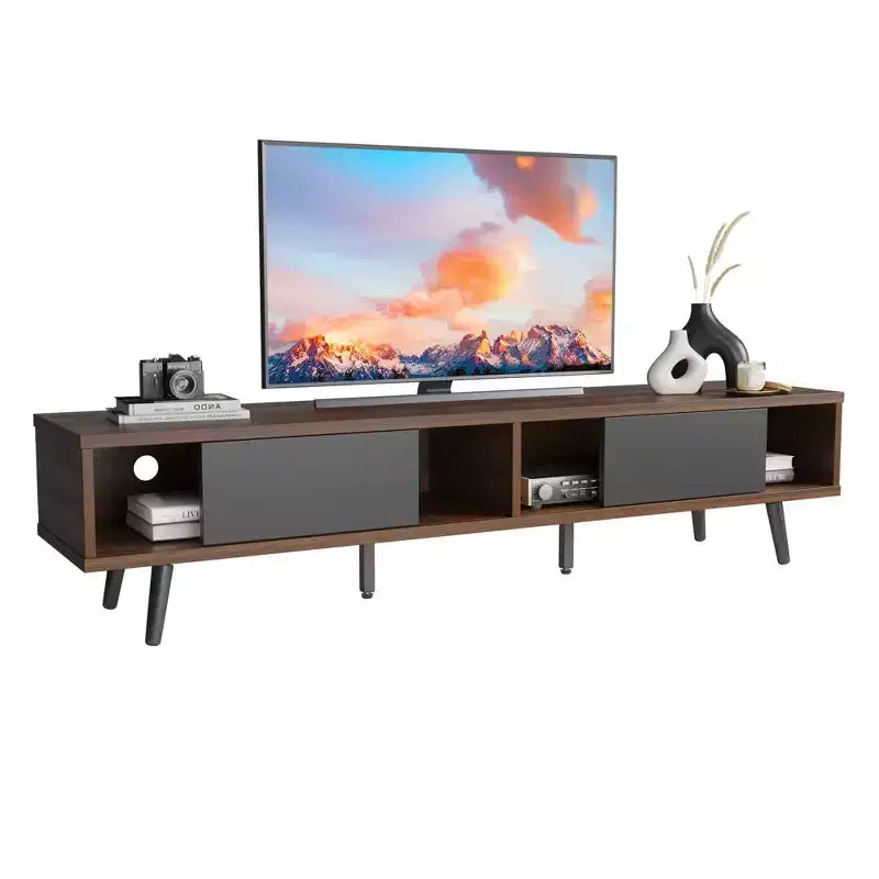 Meuble TV moderne Bestier du milieu du siècle pour téléviseur de 80 pouces, meuble de divertissement de 70 pouces avec portes coulissantes pour salon, Noyer