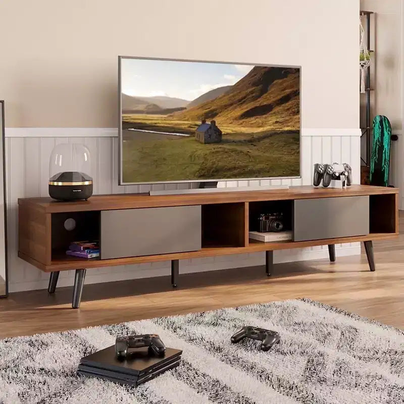 Meuble TV moderne Bestier du milieu du siècle pour téléviseur de 80 pouces, meuble de divertissement de 70 pouces avec portes coulissantes pour salon, Noyer