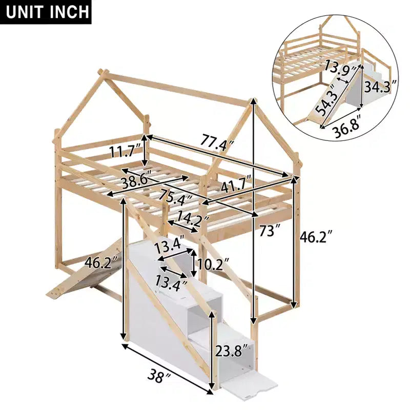 Lit superposé pour enfants Whisen avec toboggan, escalier et rangement - Pin massif et MDF, amusant et peu encombrant