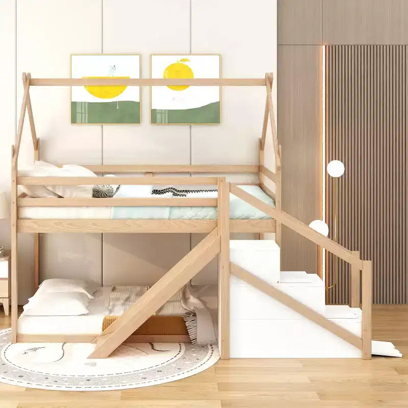 Lit superposé pour enfants Whisen avec toboggan, escalier et rangement - Pin massif et MDF, amusant et peu encombrant