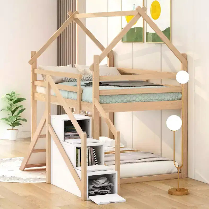 Lit superposé pour enfants Whisen avec toboggan, escalier et rangement - Pin massif et MDF, amusant et peu encombrant
