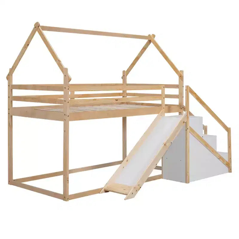 Lit superposé pour enfants Whisen avec toboggan, escalier et rangement - Pin massif et MDF, amusant et peu encombrant