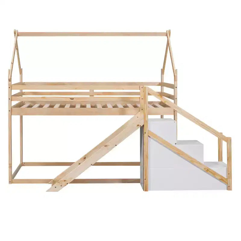 Lit superposé pour enfants Whisen avec toboggan, escalier et rangement - Pin massif et MDF, amusant et peu encombrant