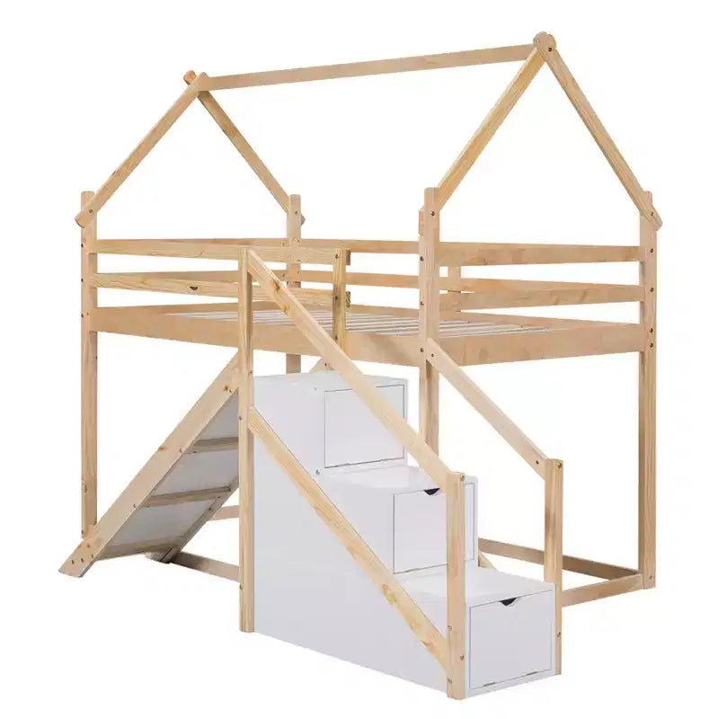 Lit superposé pour enfants Whisen avec toboggan, escalier et rangement - Pin massif et MDF, amusant et peu encombrant
