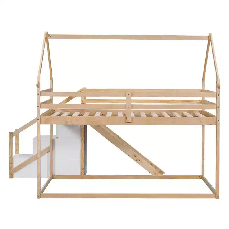 Lit superposé pour enfants Whisen avec toboggan, escalier et rangement - Pin massif et MDF, amusant et peu encombrant
