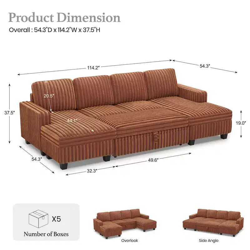 Canapé modulable convertible Belffin avec lit gigogne, double méridienne en velours côtelé avec rangement