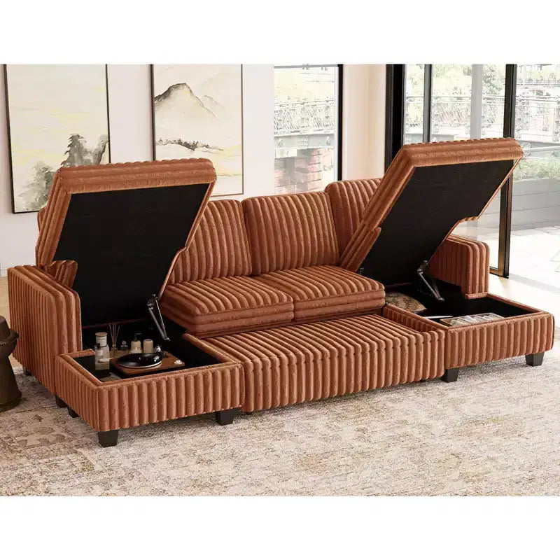 Canapé modulable convertible Belffin avec lit gigogne, double méridienne en velours côtelé avec rangement