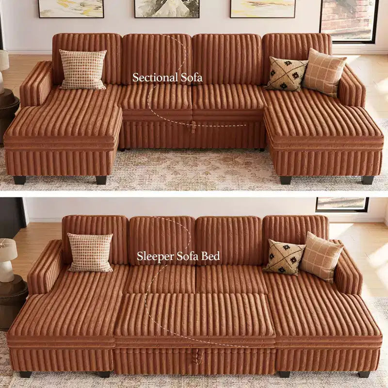 Canapé modulable convertible Belffin avec lit gigogne, double méridienne en velours côtelé avec rangement