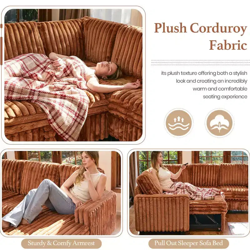 Canapé modulable convertible Belffin avec lit gigogne, double méridienne en velours côtelé avec rangement