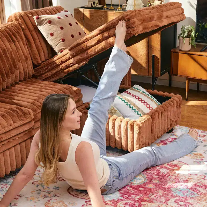 Canapé modulable convertible Belffin avec lit gigogne, double méridienne en velours côtelé avec rangement