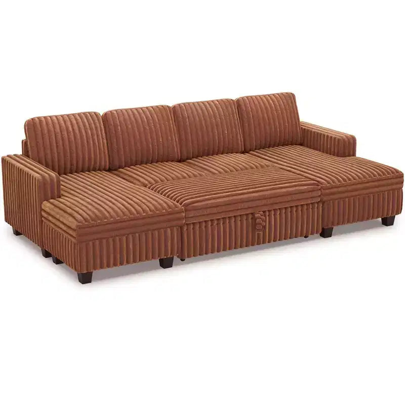 Canapé modulable convertible Belffin avec lit gigogne, double méridienne en velours côtelé avec rangement