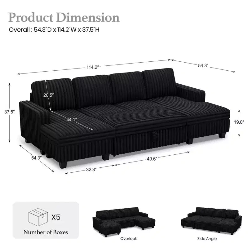 Canapé modulable convertible Belffin avec lit gigogne, double méridienne en velours côtelé avec rangement
