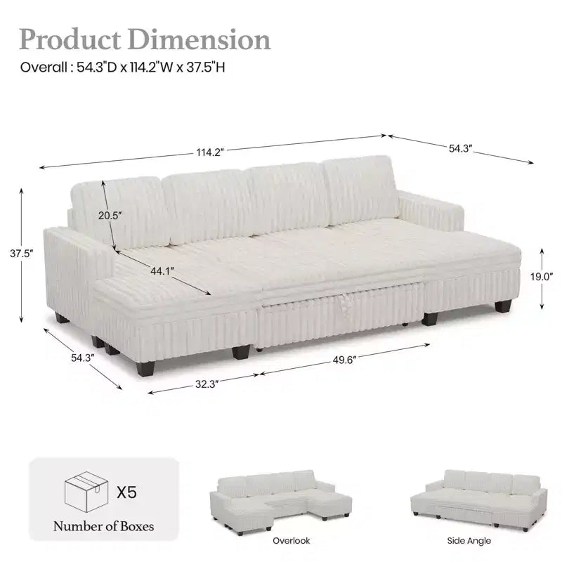 Canapé modulable convertible Belffin avec lit gigogne, double méridienne en velours côtelé avec rangement