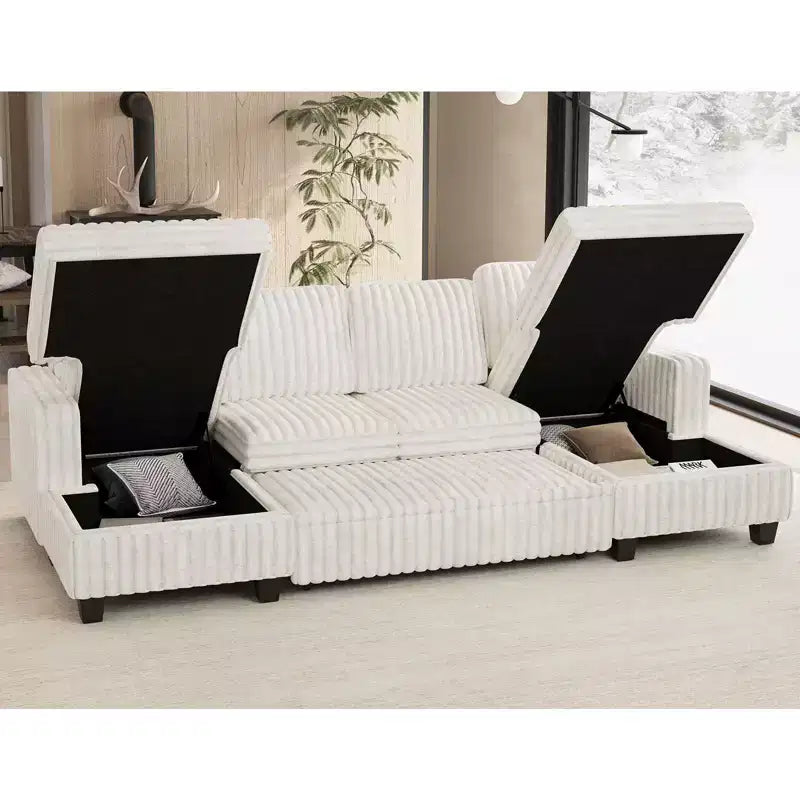 Canapé modulable convertible Belffin avec lit gigogne, double méridienne en velours côtelé avec rangement