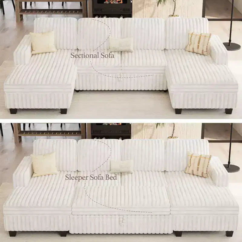 Canapé modulable convertible Belffin avec lit gigogne, double méridienne en velours côtelé avec rangement