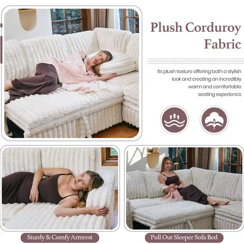 Canapé modulable convertible Belffin avec lit gigogne, double méridienne en velours côtelé avec rangement