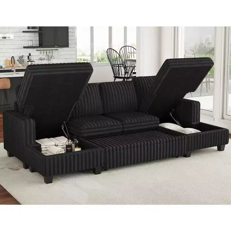 Canapé modulable convertible Belffin avec lit gigogne, double méridienne en velours côtelé avec rangement