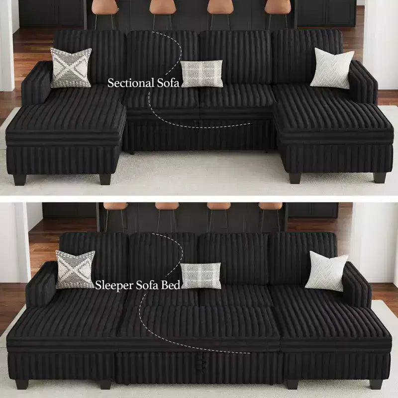 Canapé modulable convertible Belffin avec lit gigogne, double méridienne en velours côtelé avec rangement