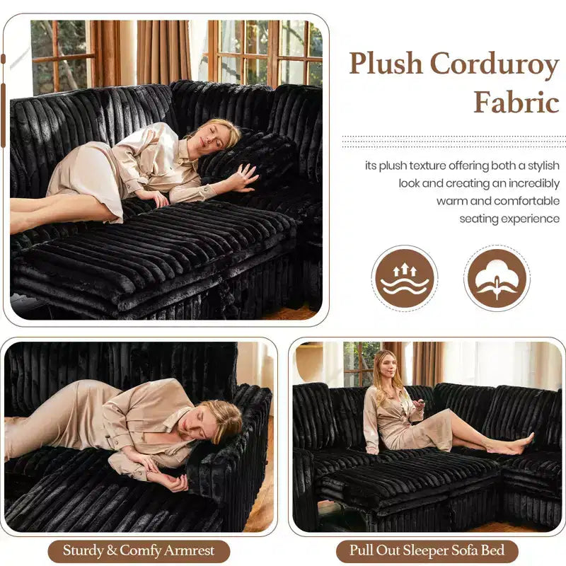 Canapé modulable convertible Belffin avec lit gigogne, double méridienne en velours côtelé avec rangement