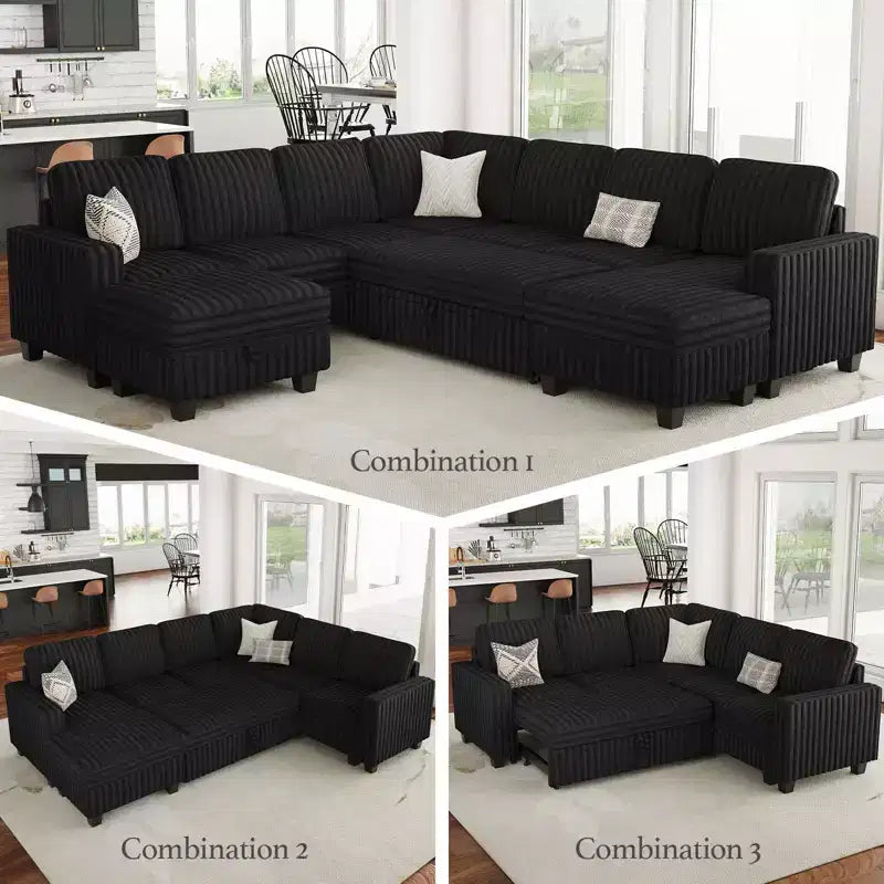 Canapé modulable convertible Belffin avec lit gigogne, double méridienne en velours côtelé avec rangement