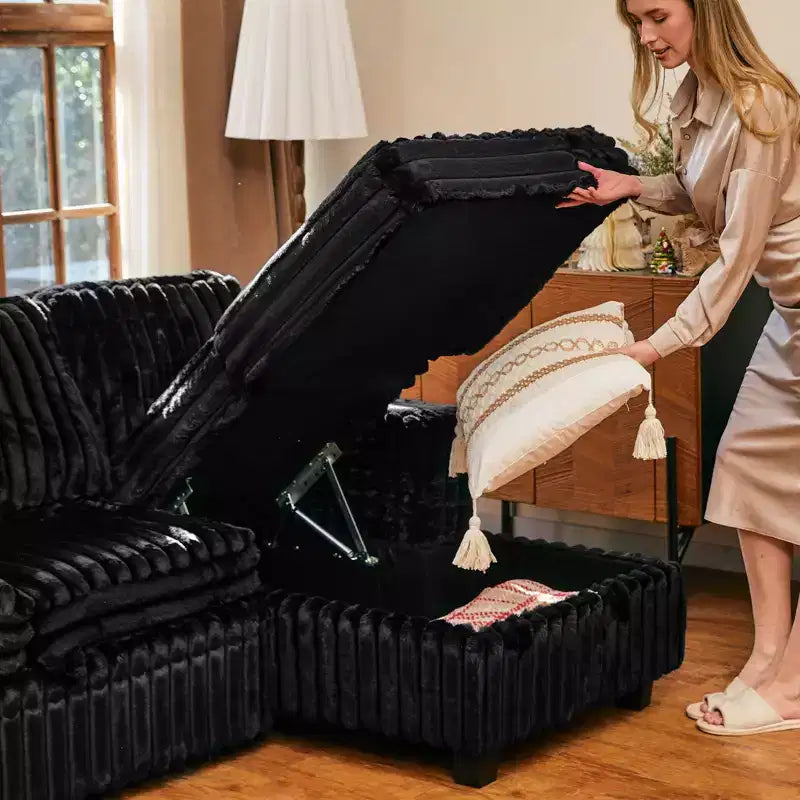 Canapé modulable convertible Belffin avec lit gigogne, double méridienne en velours côtelé avec rangement