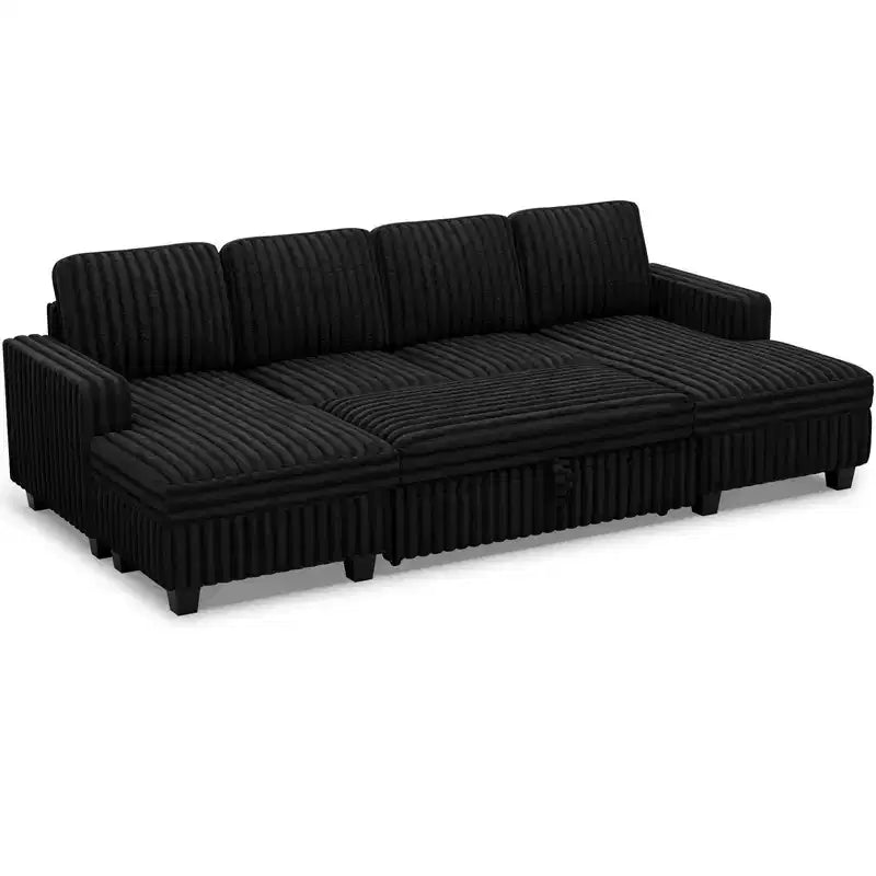 Canapé modulable convertible Belffin avec lit gigogne, double méridienne en velours côtelé avec rangement