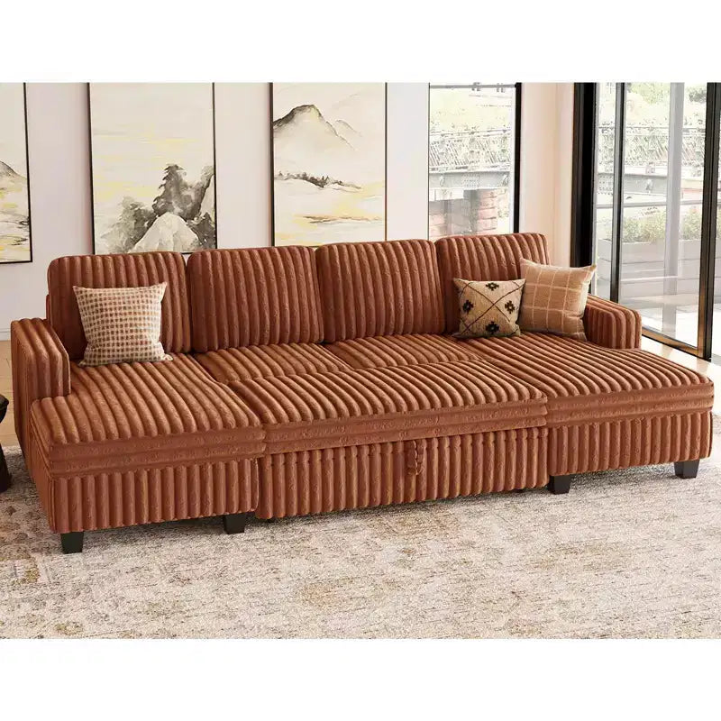 Canapé modulable convertible Belffin avec lit gigogne, double méridienne en velours côtelé avec rangement