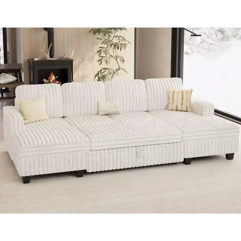 Canapé modulable convertible Belffin avec lit gigogne, double méridienne en velours côtelé avec rangement