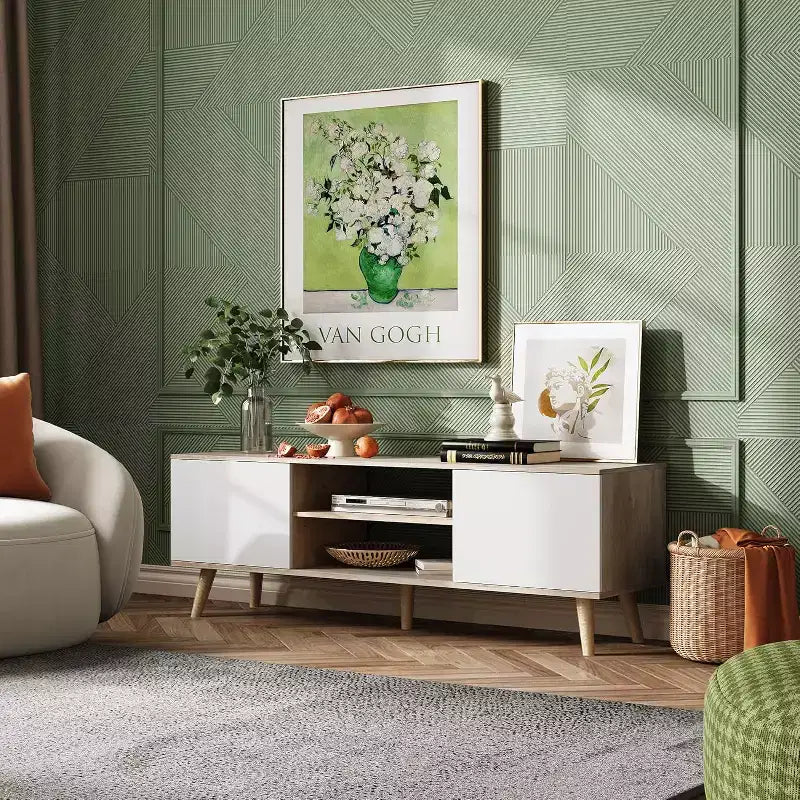Meuble TV DEXYLLO pour téléviseur de 55/60 pouces, Meuble de divertissement bohème avec rangements, Console TV pour décoration de salon