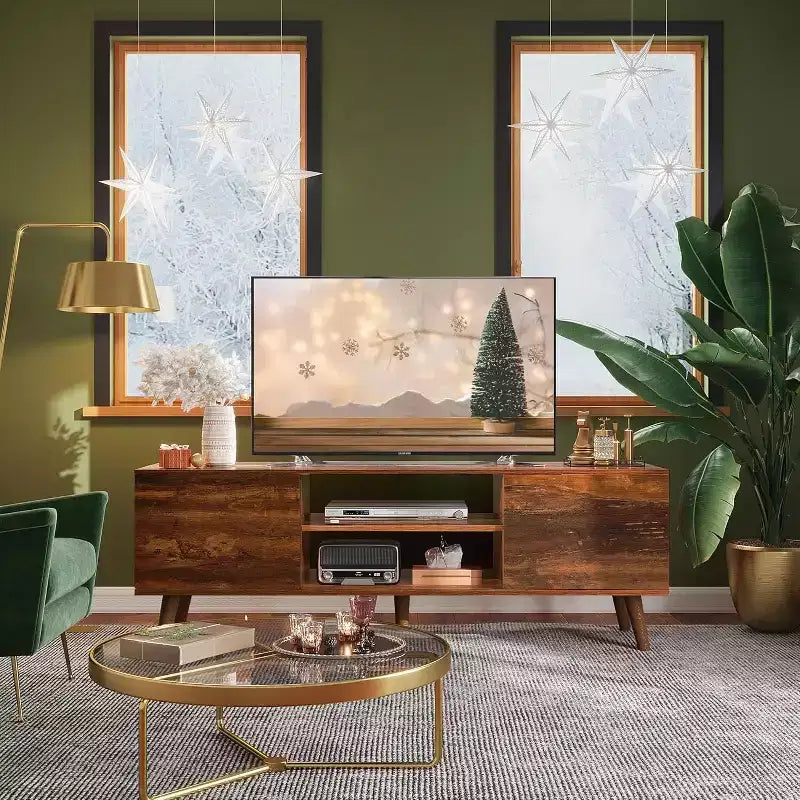 Meuble TV DEXYLLO pour téléviseur de 55/60 pouces, Meuble de divertissement bohème avec rangements, Console TV pour décoration de salon