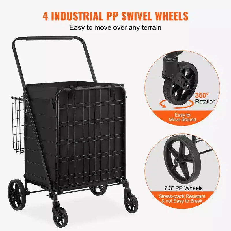 VEVOR Chariot de Courses Pliant avec Doublure Amovible Imperméable, Caddie de Grande Capacité 95 kg avec Double Panier, Roues Pivotantes à 360°