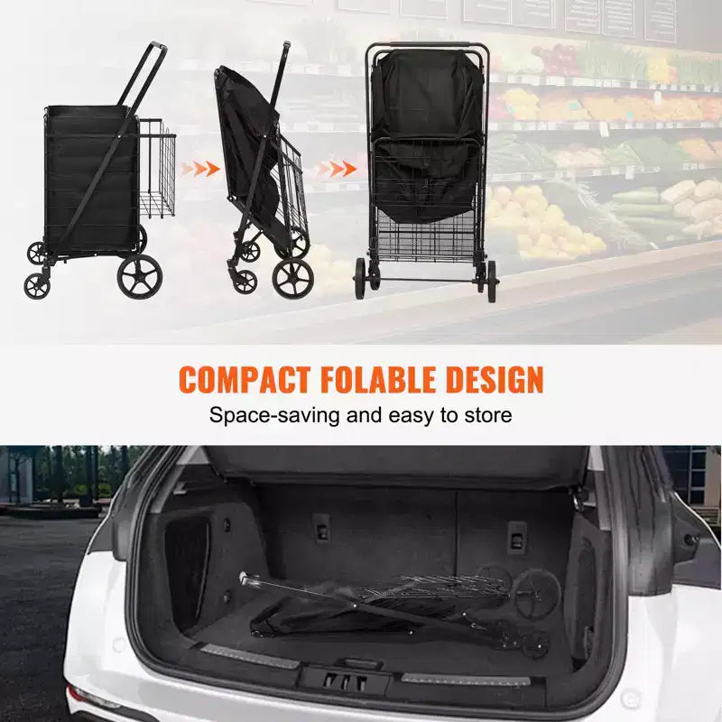 VEVOR Chariot de Courses Pliant avec Doublure Amovible Imperméable, Caddie de Grande Capacité 95 kg avec Double Panier, Roues Pivotantes à 360°