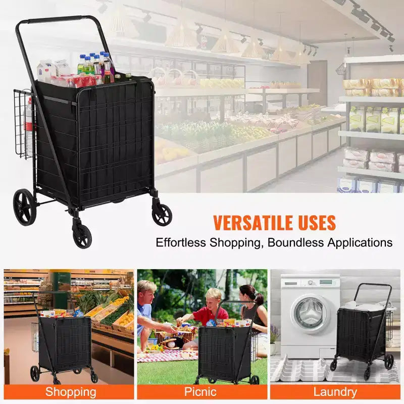 VEVOR Chariot de Courses Pliant avec Doublure Amovible Imperméable, Caddie de Grande Capacité 95 kg avec Double Panier, Roues Pivotantes à 360°