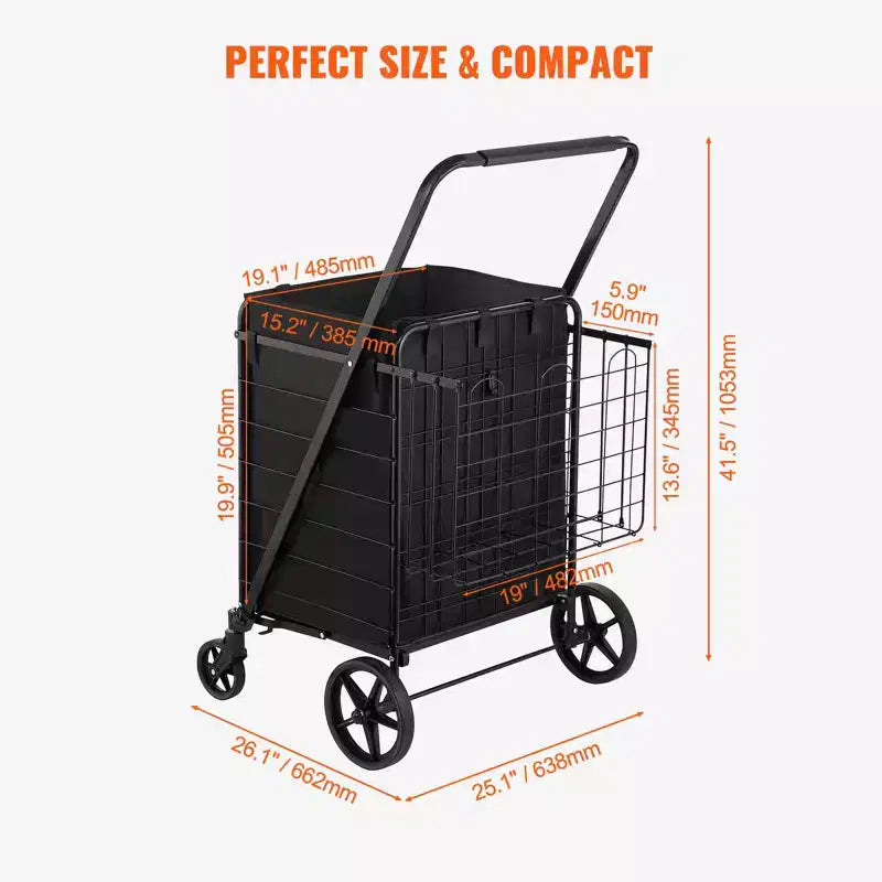 VEVOR Chariot de Courses Pliant avec Doublure Amovible Imperméable, Caddie de Grande Capacité 95 kg avec Double Panier, Roues Pivotantes à 360°