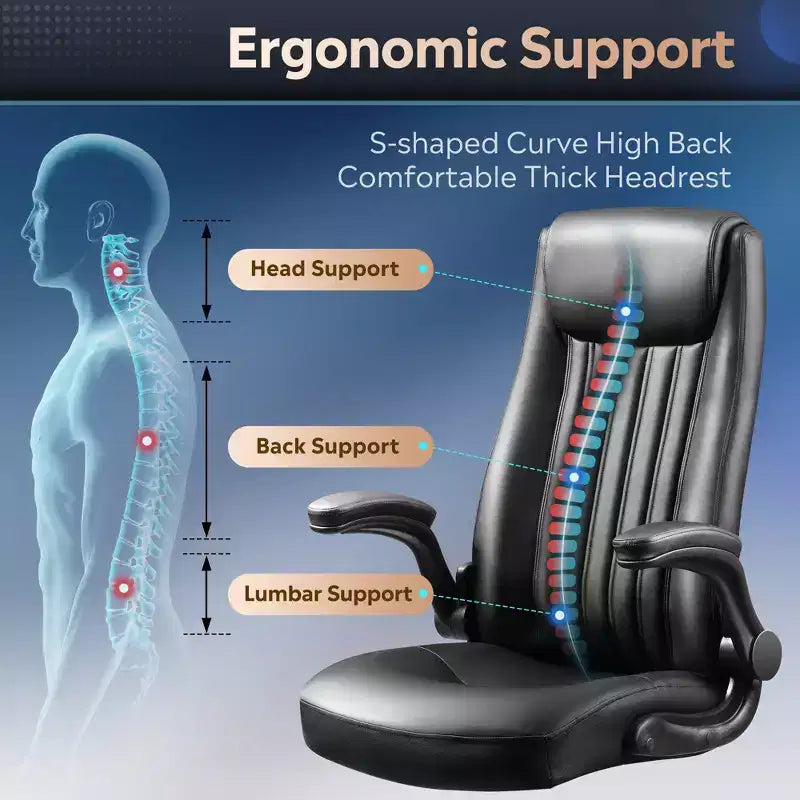 Chaise de bureau ergonomique à dossier haut, chaise de bureau avec accoudoirs rabattables réglables, soutien lombaire et appuie-tête épais