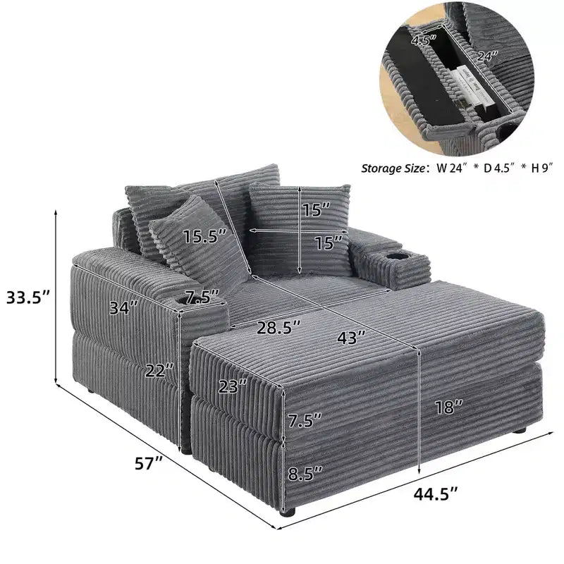 Canapé avec 2 coussins décoratifs et un pouf, Canapé confortable - Canapé profond pour salon