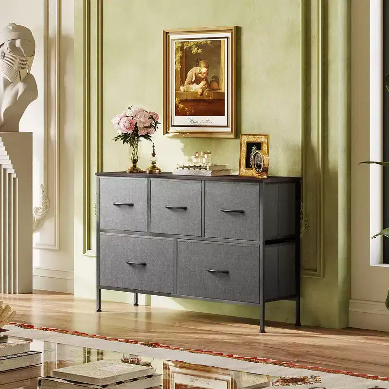 Commode à 5 tiroirs, longue unité de rangement en tissu pour chambre à coucher, placard, salon, couloir et chambre d'enfant