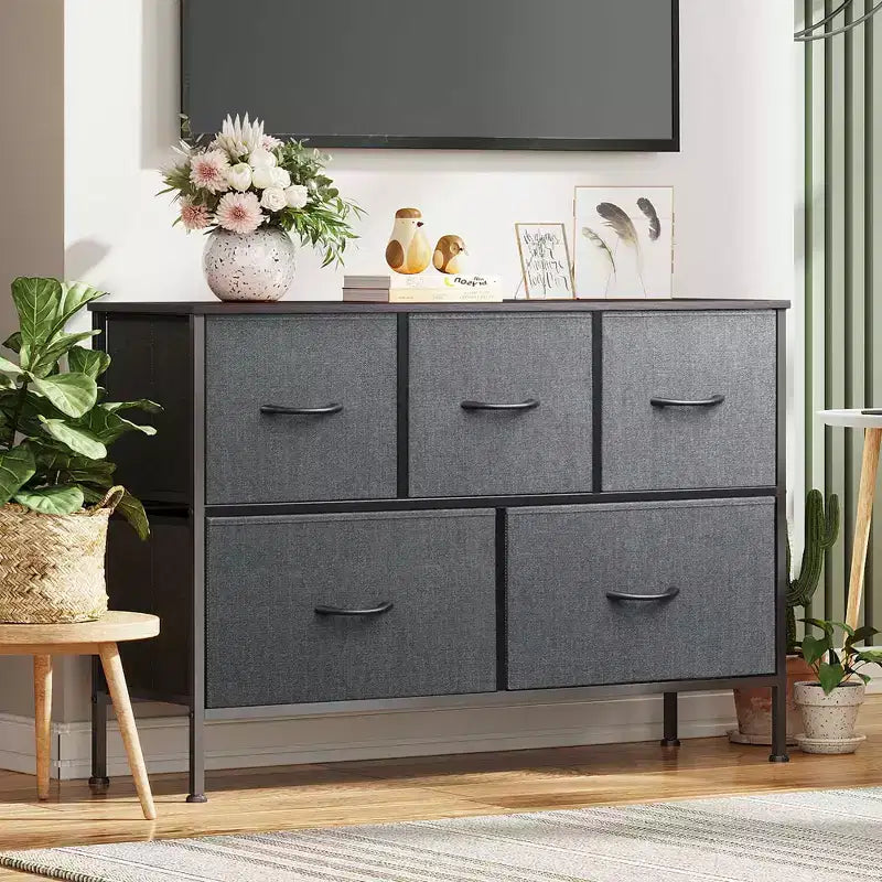 Commode à 5 tiroirs, longue unité de rangement en tissu pour chambre à coucher, placard, salon, couloir et chambre d'enfant